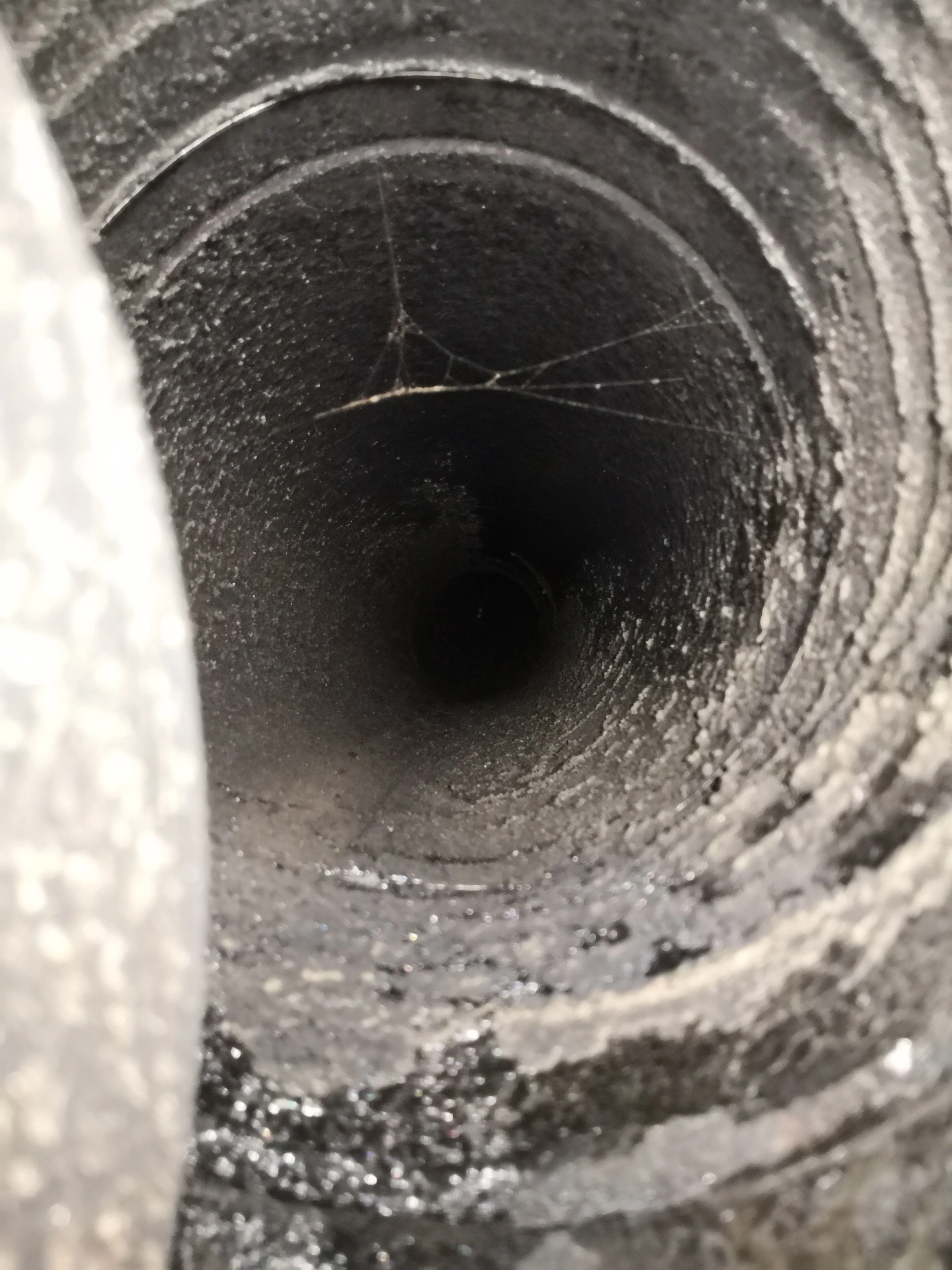 Chimney flue interior before professional sweeping in Raleigh NC — heavy creosote buildup