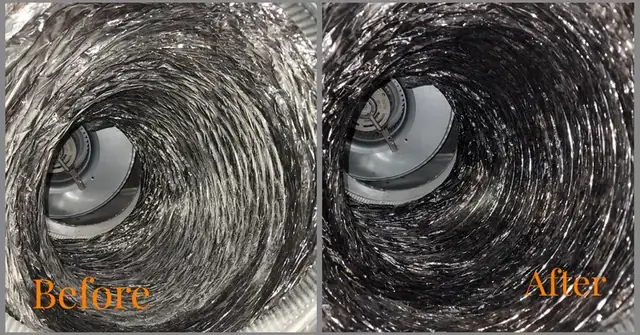 Air duct before and after professional cleaning — real job photo by The Air Ducters, Raleigh NC